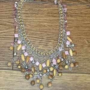 Wooden Beaded Necklace with Pink Pearlized Stones